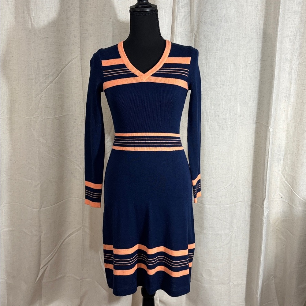 Vintage 70s Roncelli Navy and Peach Striped V-Neck Sweater Dress